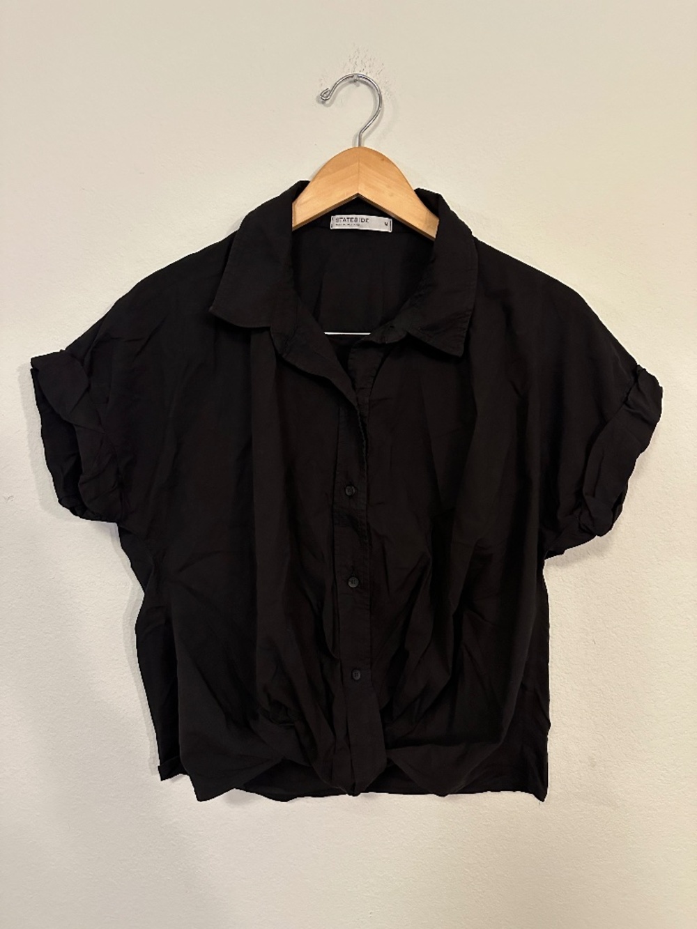Stateside Black 100% Cotton Short Sleeve Front Twist Button-Up Shirt Women's M
